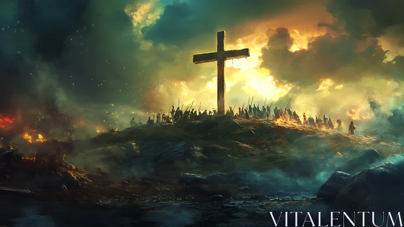 Storm-lit battlefield hill dominated by monumental wooden cross