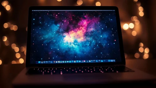 Laptop display renders high-saturation nebula wallpaper with bokeh lights