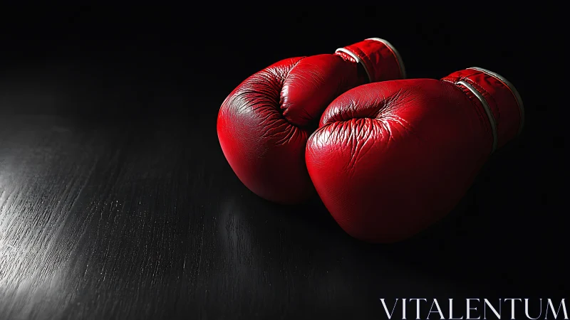 Red boxing gloves on dark surface.
