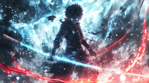 Stormlit swordsman between fire and frost, ready to rise.