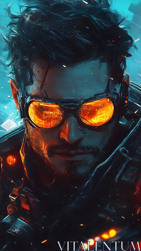 Neon-eyed cyber adventurer gazing into a blazing future.