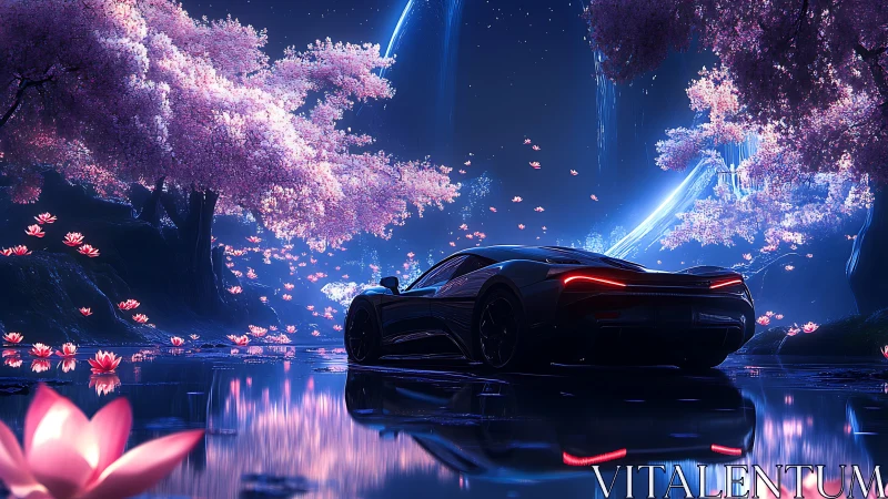 Midnight hypercar glides through neon cherry blossom lagoon.