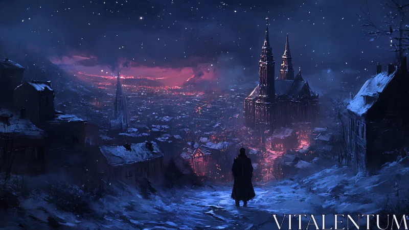 Nocturnal snowbound cityscape with glowing gothic cathedral.