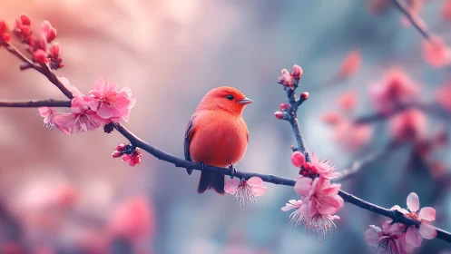 Blushing songbird balances on blossoms and quiet spring light