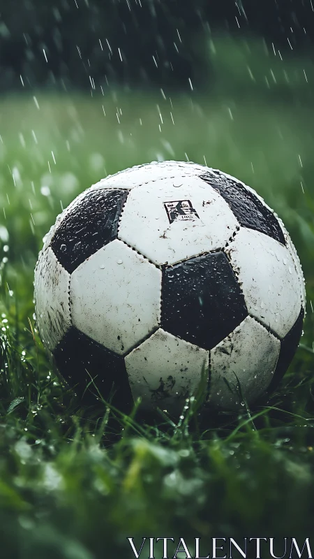 Weathered soccer ball resting on wet grass in rainfall.