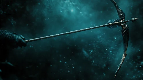 Gloved hand extends ornate spear-like weapon horizontally