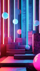 Neon stairway with glowing orbs in bold cyber colors.