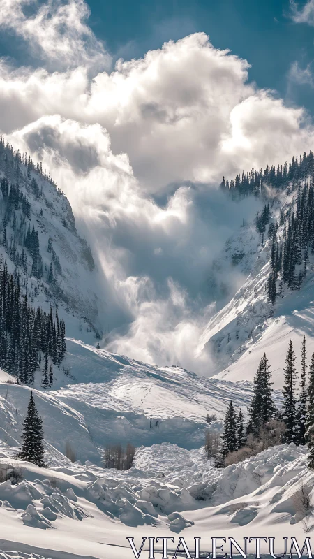Snowy mountain avalanche frozen in a dramatic winter hush.