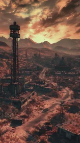 Observation tower overlooks deserted industrial wasteland valley