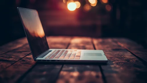 Slim laptop on wooden table under shallow depth sunset bokeh