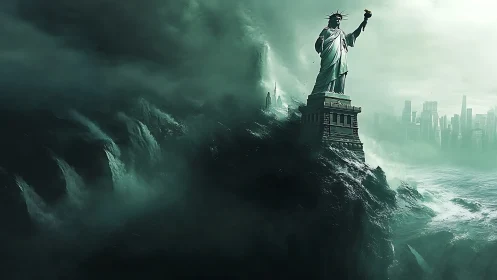 Statue of Liberty towers above apocalyptic storm surge.