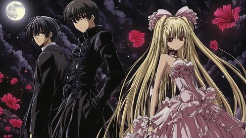 Three anime characters stand under moonlit sky with flowers