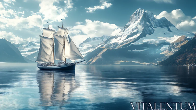 Tall ship glides across mirror lake before alpine peak.