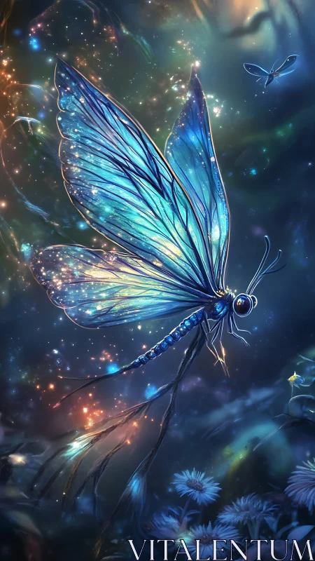 Bioluminescent dragonfly sprite with iridescent wings in nocturnal bloom