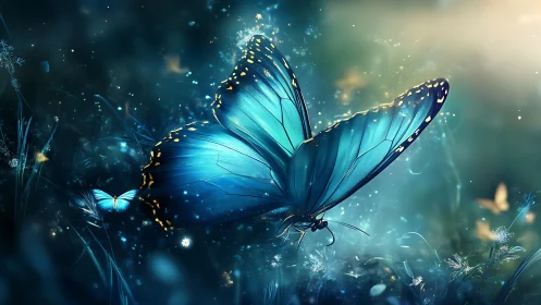 Luminous Blue Butterfly Study in Ethereal Forest Atmosphere.