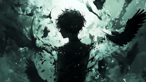 Silhouetted youth dissolves into storm of ravens and emerald haze