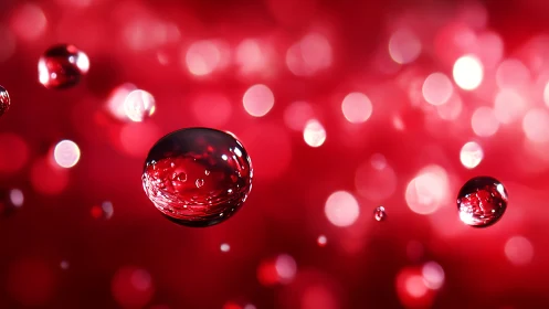 Macro red droplets floating over glowing bokeh field.