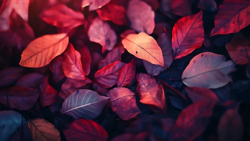 Shallow-depth macro study isolates red autumn leaves in moody light