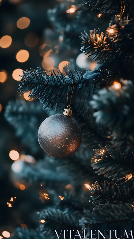 Silver bauble on moody teal Christmas tree lights closeup.
