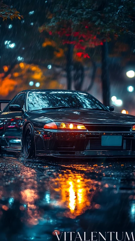 Modified sports car in rainy neon city street scene.