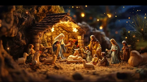 Nativity scene diorama depicts figurines in illuminated stable