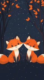 Fox friends sharing a starry forest cuddle at midnight.