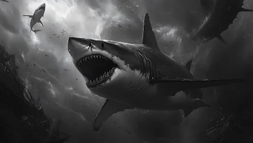 Monochrome digital depiction of sharks in turbulent water.