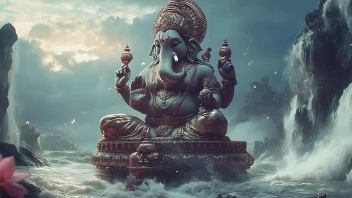 Rendered elephant-headed deity statue sits amid turbulent seascape
