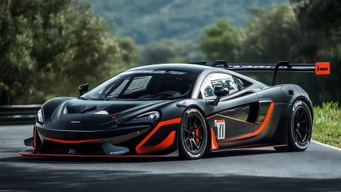 Track-prepped black GT supercar with aero kit and orange trim