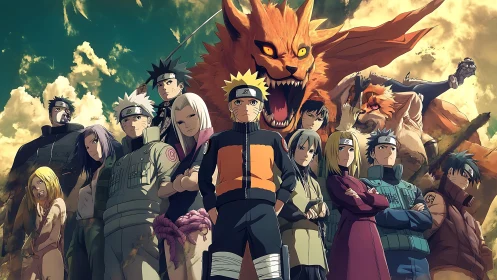 United ninja heroes standing strong before fiery fox spirit.