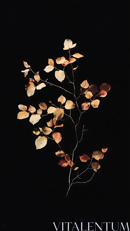 Autumn branch study with warm leaves on pure black.