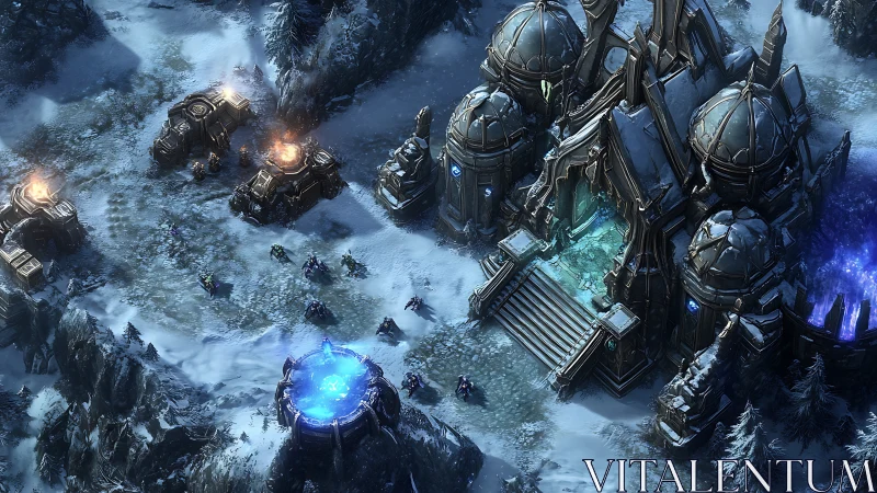 Isometric sci-fi fortress in frozen battlefield environment.