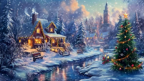 Snowy Christmas cottage glows beside a festive riverside tree