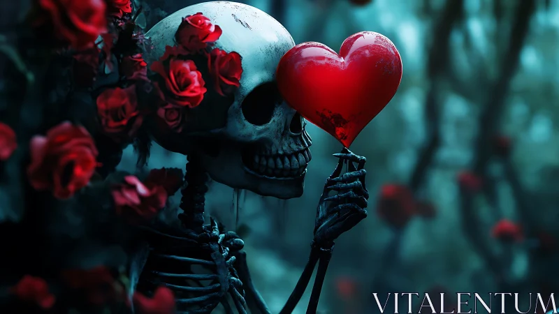 Skeleton holding red heart amid roses in dark forest.