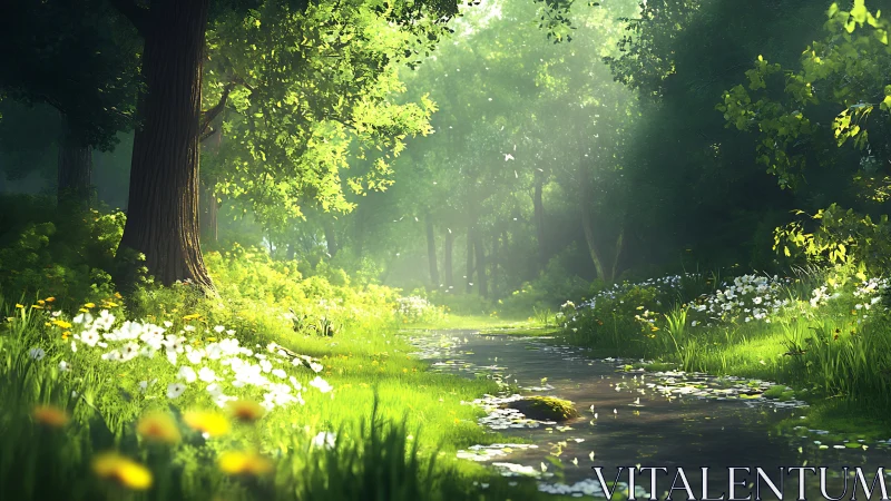 Luminous woodland streamscape in serene digital painting style.