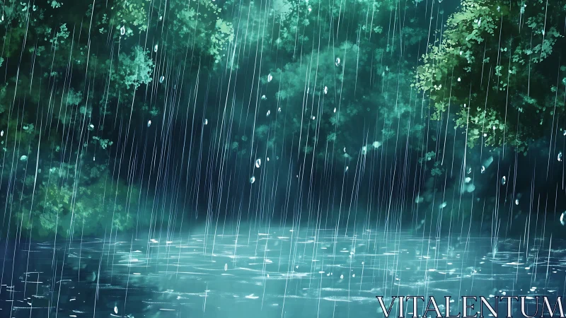 Rainfall streaks across tranquil forest pond in stylized anime