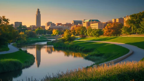 Photorealistic riverfront cityscape with sunset reflections.