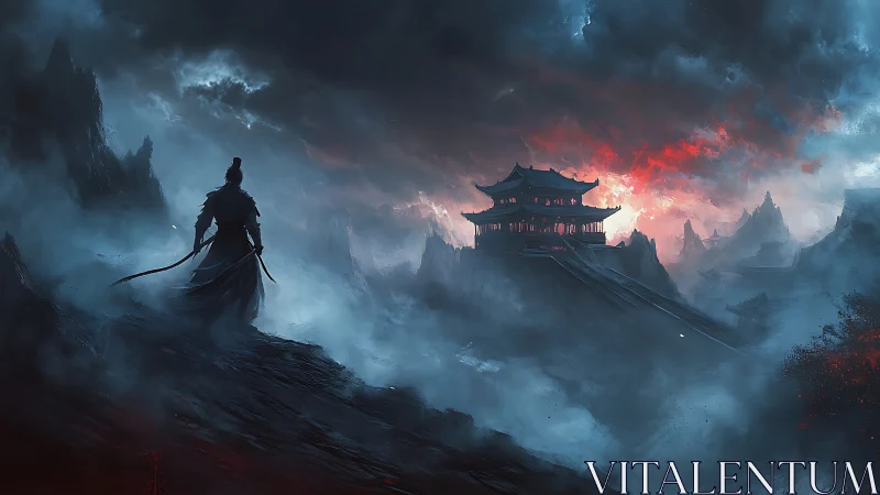 Lone warrior overlooking stormy mountain fortress at dusk.