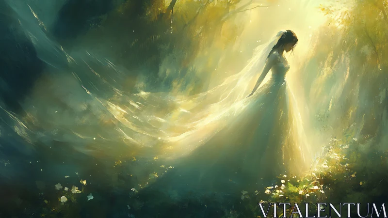 Enchanted bride stands in glowing forest light of dawn