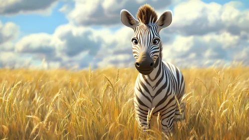 Bright eyed baby zebra strolling through golden grasslands.