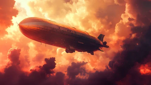 Dirigible airship crosses turbulent cumulonimbus under fiery light