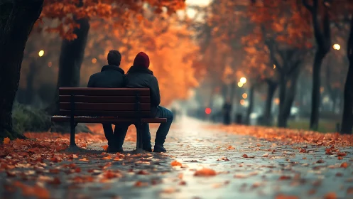 Two figures seated on wooden bench beneath autumn foliage with bokeh lighting