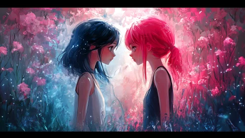 Dual-colored girls stand face to face in glowing flowers.
