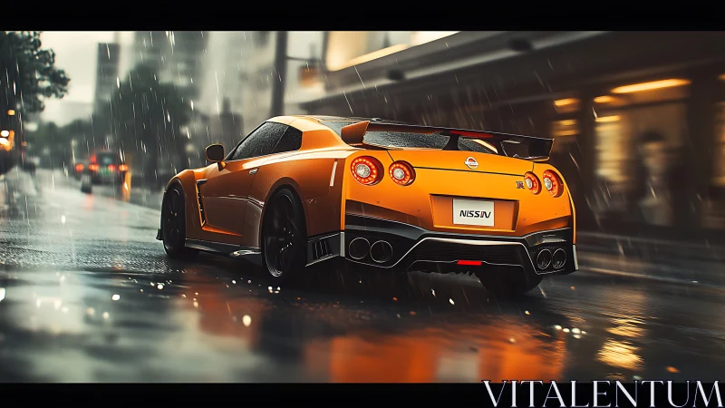 Orange sports car cuts through rainy neon city streets at speed