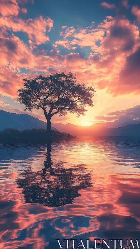 Solitary lakeside tree reflects in vivid sunset water glow