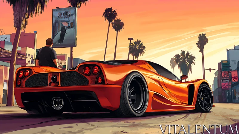 Sunset boulevard hypercar rendered in stylized urban detail.