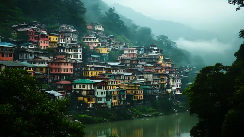 Colorful hillside river town nestles in misty green mountains