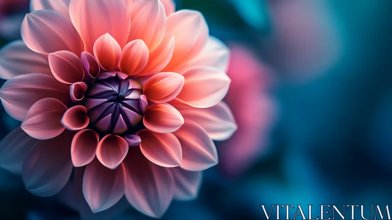 Close-up coral dahlia bloom with sharp radial petal structure and deep center