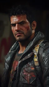 Battle-hardened survivor stands in dim, rain-slick urban ruin