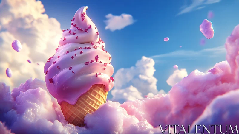 Giant ice cream cone suspended in pink cotton candy clouds under blue sky